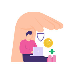 the concept of protection or insurance for employees and workers. health, financial, and life insurance. illustration of a man working on a laptop and sitting under his palms. boss hand. flat style