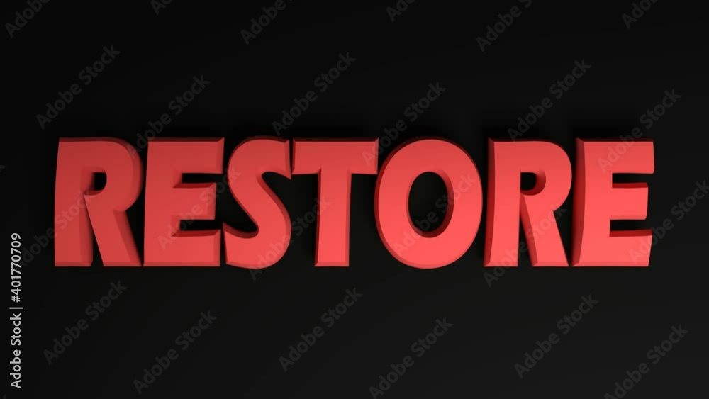 Poster the write restore in red letters passing from right to left on black background - 3d rendering video