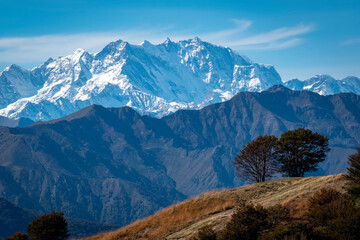 The Monte Rosa Massif mountain range, seen from the top of Mottarone peak (between the Maggiore and Orta Lake, Piedmont, Northern Italy).