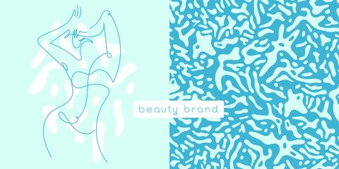 Vector feminine symbol design template minimal line style. Beauty studio logo design in trendy soft hue. Abstract animal skin pattern. Light seamless background for cosmetic label. Body care insignia.