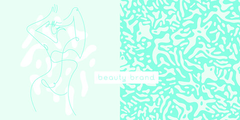Beauty studio logo design in trendy soft hue. Vector feminine symbol design template minimal line style. Abstract animal skin pattern. Light seamless background for cosmetic label. Body care insignia.