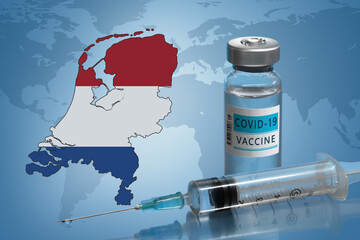 Vaccination in the Netherlands. Coronavirus COVID-19 vaccine: vial, syringe and map of the Netherlands on blue background. World map.