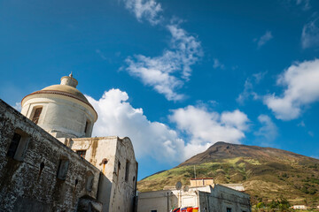 View of the typical houses of Stromboli, small island of the Aeolian Archipelago, group of small...