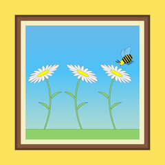 vector illustration of a positive joyful warm picture in a colored frame spring landscape with three daisies and a striped bee on a blue gradient background for a postcard or congratulation