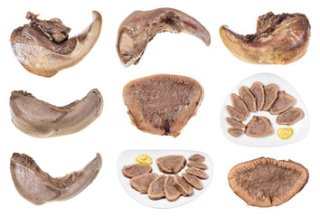 set of boiled beef tongue isolated on white background