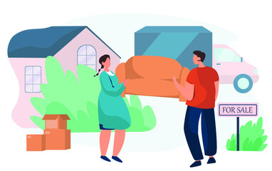 Characters Carrying a Sofa.House For Sale.Family Characters Buy New House.Property Selling.Buying Real Estate Apartments.Moving Home.Relocation Process.Flat Vector Illustration 