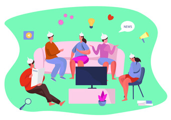 Friends or Family Characters Wearing Foil Hats on Heads at Home. Discussing Conspiracy Theories and Watching TV News about Coronavirus on TV.Protecting from Aliens.Flat Vector Illustration