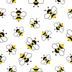 Seamless Pattern with flying bees. Vector Cartoon black and yellow bees isolated on white background.