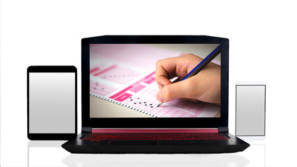 Online quiz application with computer, tablet and phone. digital education and exams concept visual