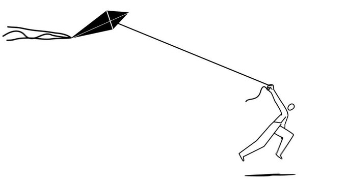 Background change, Transition shape mask, man running with kite, micro animation, cartoon, clip art, illustration, freehand, hand drown, drawing, vector in outline, black and white.