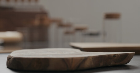 Fototapeta na wymiar empty olive wood board on kitchen countertop
