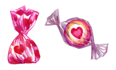 Two candies with hearts, watercolor illustration on a white background, isolated, clipart for a card in honor of Valentine's day, print for various designs.