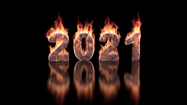 2021 year text burning in fire on glossy surface &ndash; 3d animation