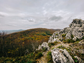Fototapeta na wymiar Kalnik mountain in Prigorje, Croatia (near Križevci city). The view from the top of the mountain on the valley.