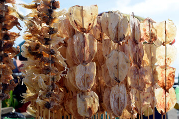 Skewered dried squid displayed for sale backgrounds textures