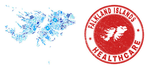 Vector mosaic Falkland Islands map with vaccine icons, receipt symbols, and grunge healthcare imprint. Red round watermark with grunge rubber texture and Falkland Islands map tag and map.