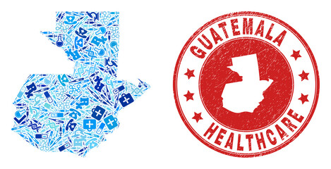 Vector collage Guatemala map with vaccine icons, labs symbols, and grunge healthcare seal stamp. Red round stamp with grunge rubber texture and Guatemala map caption and map.