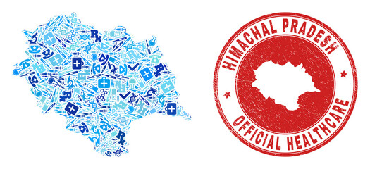 Vector collage Himachal Pradesh State map with treatment icons, labs symbols, and grunge healthcare seal. Red round stamp with grunge rubber texture and Himachal Pradesh State map word and map.
