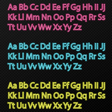 Vector set of neon alphabet of different colors. Different colors of neon light png. Neon, letters PNG. Neon letters png. Vector image.