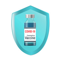Covid-19 coronavirus vaccine. protection against coronavirus.A bottle of vaccine on the shield.Vector illustration