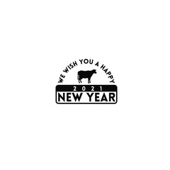We wish you a Happy New Year 2021 template vector illustration decorated with arch text, rounded box and buffalo silhouette isolated on white background
