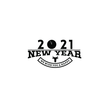 We wish you a Happy New Year 2021 template vector illustration decorated with buffalo head silhouette and clock icon isolated on white background