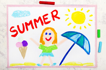 Colorful drawing: Summer time Smiling girl with ice cream and beach umbrella