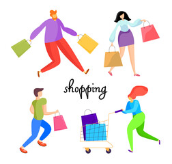 People flat cartoon on shopping. Black Friday. People rush shopping.