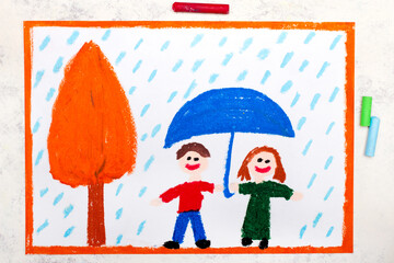 Obraz na płótnie Canvas Colorful drawing: Autumn rain, Smiling couple holding umbrella