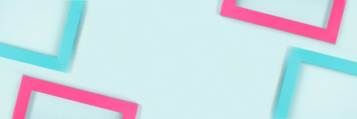 Creative composition made of bright colored frames. Flat lay Top view. Banner