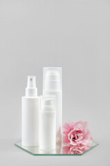 Set of cosmetic for skin care face, body or hair. White blank cosmetics bottles, tube and pink flower on mirror, gray background. Natural Organic Spa Cosmetic Beauty Concept Mockup