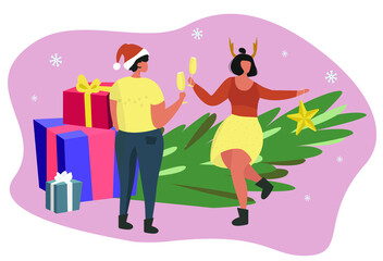 Obraz na płótnie Canvas Christmas party.People Celebrate Merry Christmas And Happy New Year.Joyful Characters in Santa Hats and Deer Horns Dance on Corporate.Christmas tree.Flat Vector Illustration