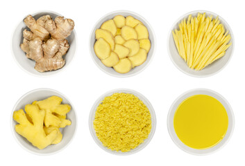 Fresh ginger root in white bowls, over white. Whole and peeled rhizomes, slices and strips, grated and as juice. Zingiber officinale, used as spice and as folk medicine. Food photo closeup from above.