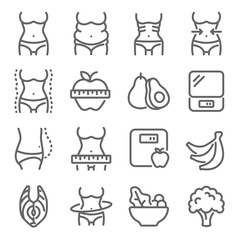 Diet icon illustration vector set. Contains such icons as Body, Diet, Skinny, Fat, Weight loss, Overweight, Fitness, and more. Expanded Stroke