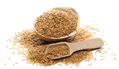 Golden linseed, linen seeds in calabash and wooden spoon isolated on white background