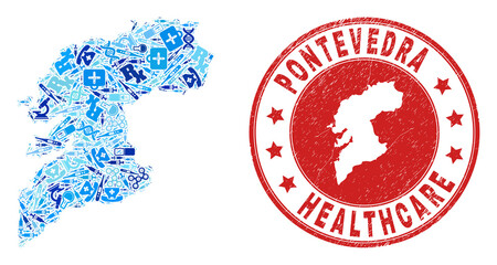 Vector collage Pontevedra Province map of dose icons, test symbols, and grunge doctor rubber imitation. Red round watermark with grunge rubber texture and Pontevedra Province map tag and map.
