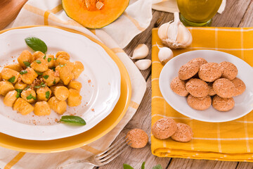Pumpkin gnocchi with grated amaretti cookies. 