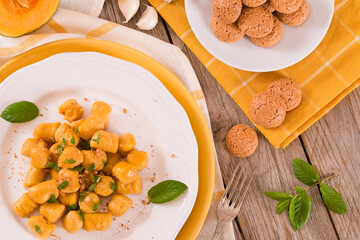 Pumpkin gnocchi with grated amaretti cookies. 
