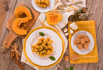Pumpkin gnocchi with grated amaretti cookies. 