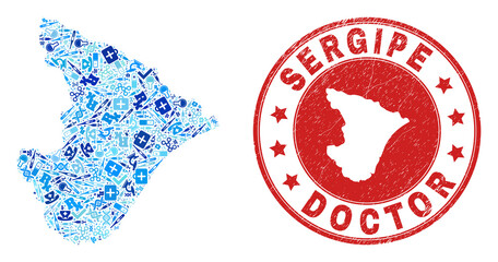 Vector collage Sergipe State map with vaccination icons, hospital symbols, and grunge doctor seal stamp. Red round stamp with grunge rubber texture and Sergipe State map caption and map.