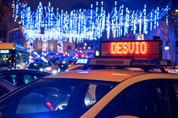 Señal luminosa de un Coche de policia señalizando un desvio por las vacaciones de navidad, luces...