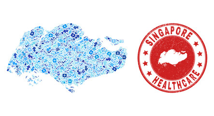 Vector collage Singapore map of vaccine icons, labs symbols, and grunge health care rubber imitation. Red round imprint with grunge rubber texture and Singapore map caption and map. - 401787511