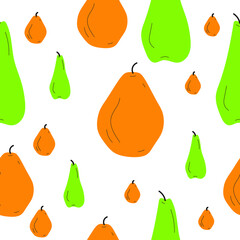 Two sorts of pears in seamless pattern on white. Orange color and green, round pear and 
elongated pear. Simple and flat hand drawn design. 