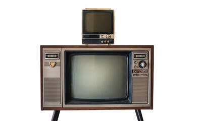 Old television with clipping path stand isolated on white background, Classic retro old tv technology with wood case.