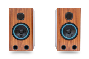 Two wooden audio speaker cabinets isolated on white background.
