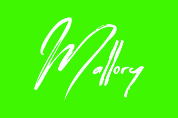 Mallory Female Name Brush Calligraphy White Color Text On Green Background