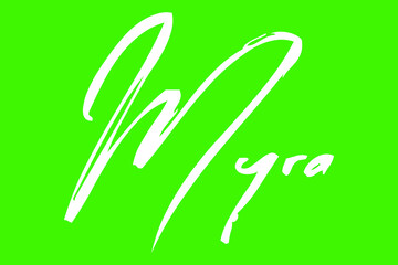 Myra Female Name Brush Calligraphy White Color Text On Green Background