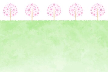 かわいい手描きの桜と野原の風景