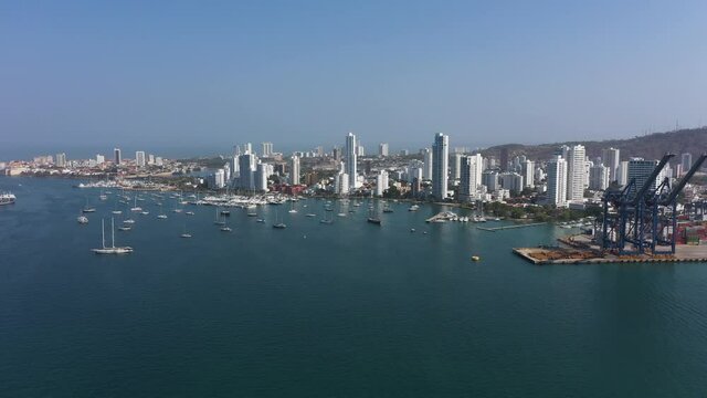 Cartagena harbor with city panorama aerial view.