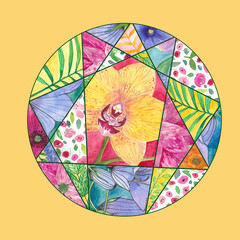 Watercolor enneagram icon colorful illustration. Enneagram of Personality.logo, pictogram, ring and typical structured figure. Floral illustration,nature ornament on yellow background